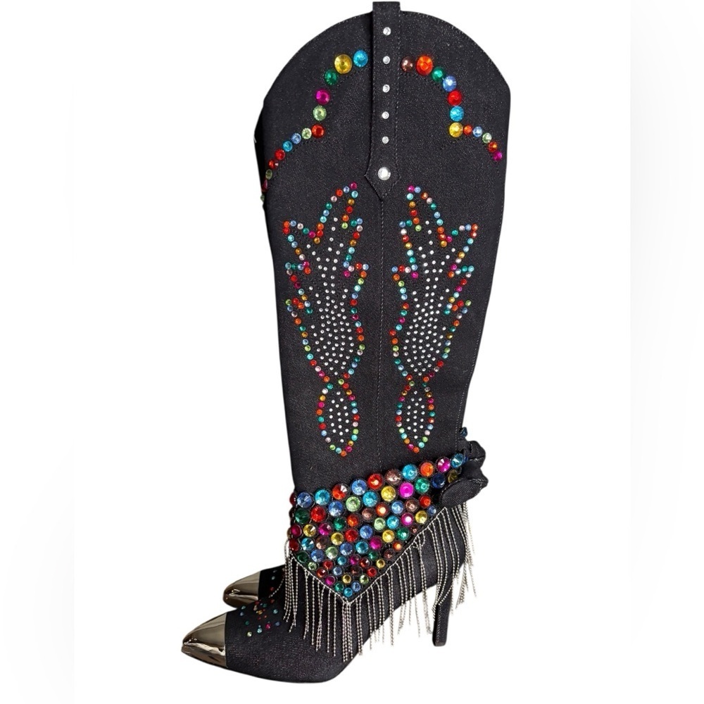 Gianni Bini Kaitrin Rainbow Rhinestone Fringe Bandana Boots Black Denim SZ 8